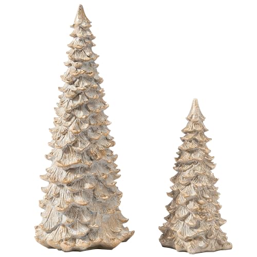 DN DECONATION Christmas Tree Figurines, Set of 2 Glitter Tabletop Xmas Trees Statues, Elegant Resin Pine Tree Decor for Mantel, Desk & Holiday Centerpieces