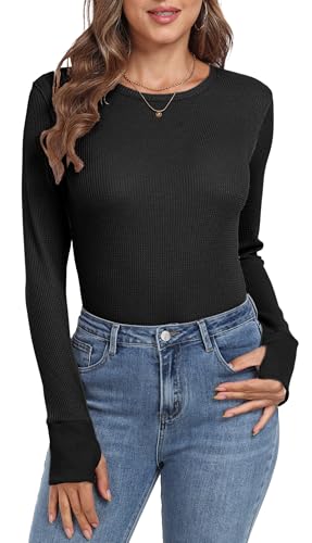 GRECERELLE Waffle Knit Long Sleeve Shirts for Women Crew Neck Slim Fitted Going Out Tops Y2k Outfits4