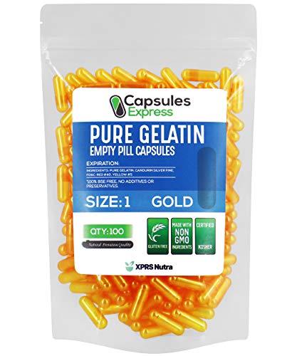 XPRS Nutra Size 1 Empty Capsules - 100 Count Empty Gelatin Capsules - Capsules Express Empty Pill Capsules - DIY Capsule Filling - Pure Bovine Pill Capsules Empty Gel Caps (Gold)