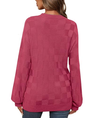 Womens Sweaters 2025 Fashion Trendy Long Sleeve Crewneck Checkered Sweater Knit Loose Pullover Sweater Tops4