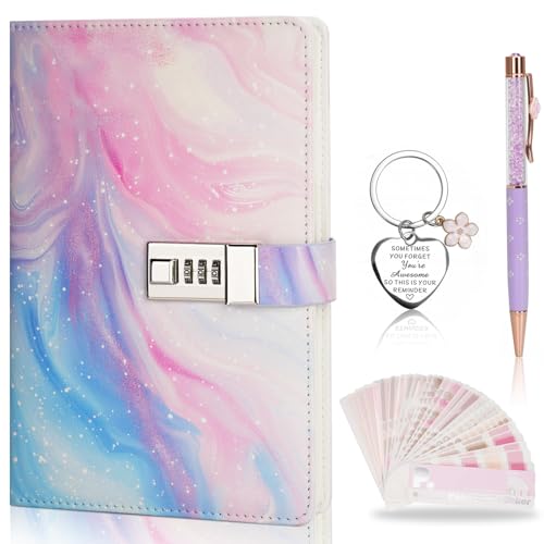 Noosverl A5 Tagebuch Mädchen mit Schloss, Geschenke für Mädchen von 7-14 Jahren, Einschulungsgeschenke, Tagebuch-Set 180 Seiten, Bunter Sternenhimmel tagebuch mit zahlenschloss