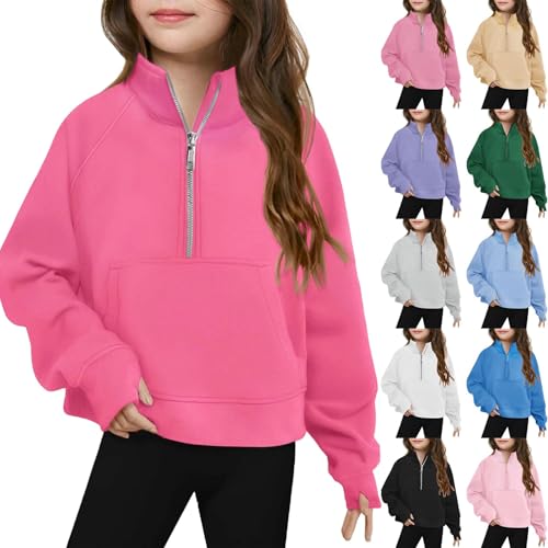 Half Zip Sweatshirts for Girls Cute Cropped Pullover Sweatshirt Thumbhole Pockets Kids Plain Quarter Zip Hoodies