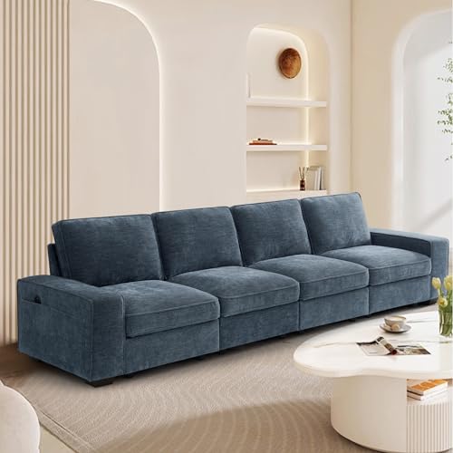 Image of TEKAMON 128 inch Modular Sofa Couch with Seat Storage, Modern Comfy 4-Seater Long Couch for Living Room, Office, Apart, Chenille Sofa, Wide Armrest, USB Charging, Pockets, Washable Covers (Blue)