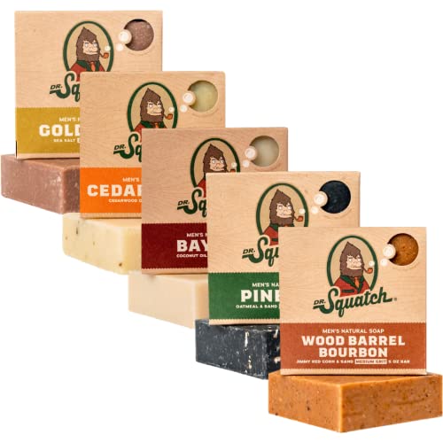 Dr. Squatch Barra de jabón totalmente natural para hombres, paquete variado de 5 barras: ron de bahía, cítricos de cedro, bourbon de barril de madera, musgo dorado y alquitrán de pino