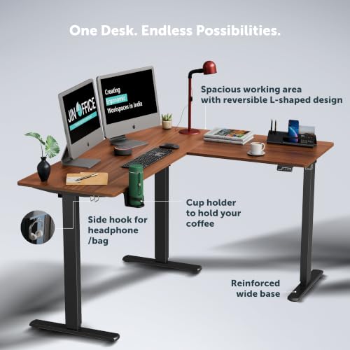 Image of JIN OFFICE Atlas L-Shaped Electric Height Adjustable Desk |Reversible Design L-Shape Adjustable Table | 3 Year Warranty,100 KG Wt. Cap, Memory Presets, Cup Holder|Home Office Sit Stand Ergonomic Desk