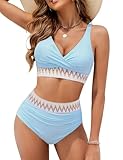 Blooming Jelly Women High Waisted Bikini Sets V Neck Tummy Control Swimsuits Color Block Two Piece Bathing Suit(M, Blue)