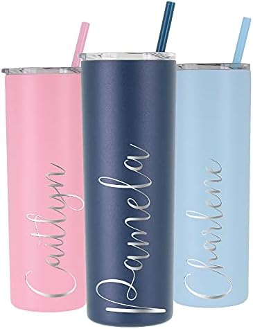 AVITO Personalized Tumbler - Laser Engraved - 20 oz Stainless Steel Skinny Tumbler - Includes Straw and Lid - Vacuum Insulated - Personalized Gift for Bridal Party, Birthday, Teacher Gift