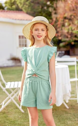 Image of Arshiner Girls Shorts Sets 2 Pieces Outfits Twist Front Ruffle Sleeve T-Shirts and Shorts With Pockets Cute Clothes Sets