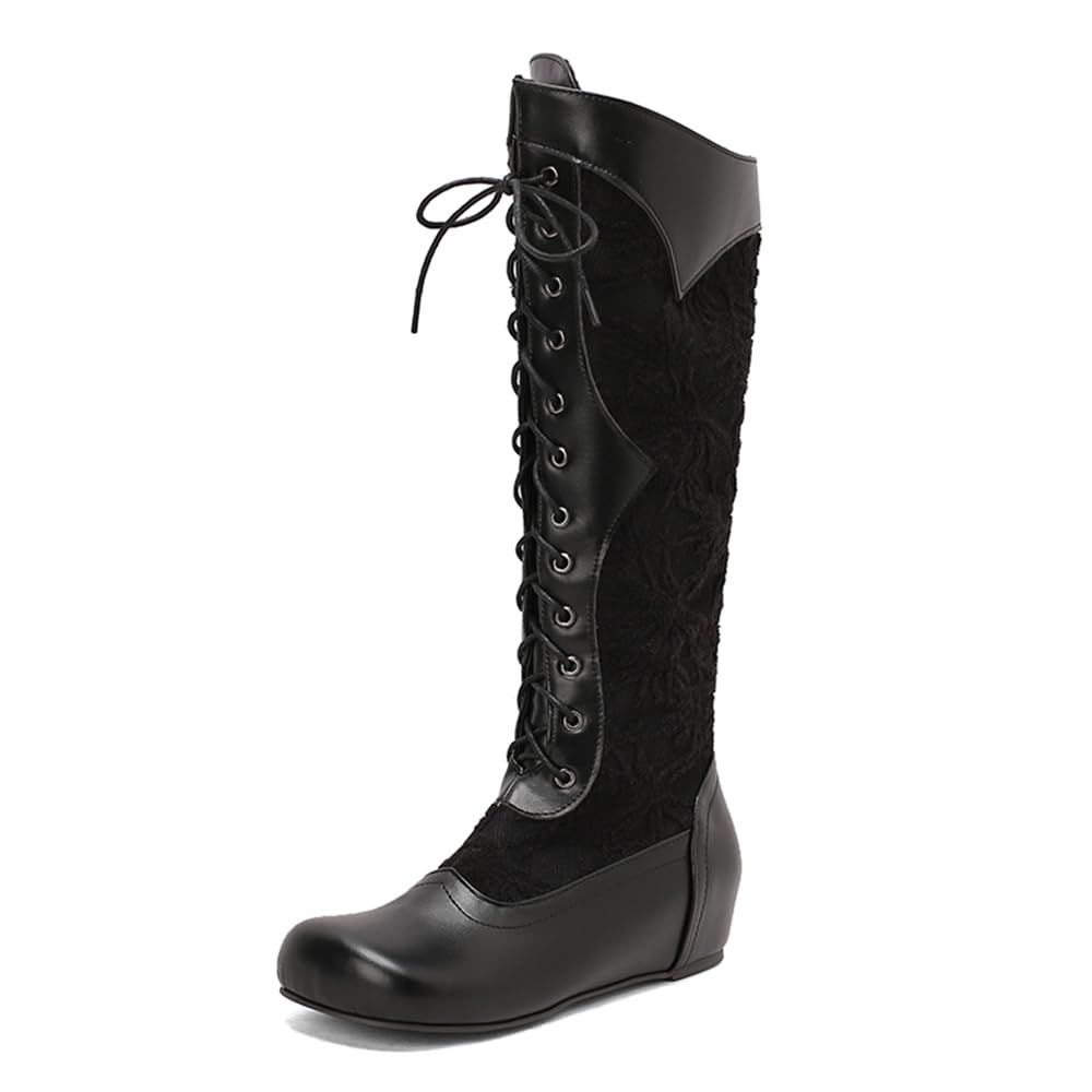 Knee High Boots Womens Extra Wide Round Toe Lace Up Long Boots