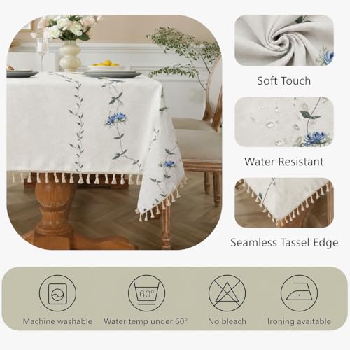 Image of Cortina Tablecloth for Dining Table Waterproof Table Cover, Cotton Linen Fabric Rectangle Tablecloth (White Floral, 6 Seater)