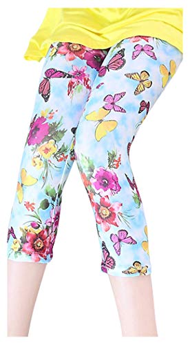 SportsWell Girls Kids Printing Flower Leggings Toddler Cropped Capris Pants Blue Butterfly(US S(7-8),Tag 140cm)