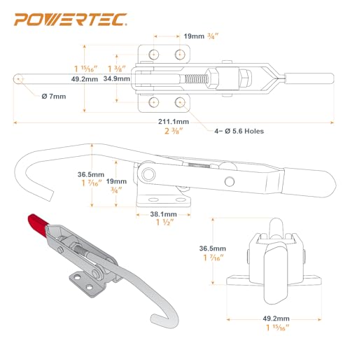 Image of POWERTEC 2PK J Hook Toggle Clamp, 375 lbs Holding Capacity, 451 Adjustable Pull Action Latch for Smoker, Tool Box, Woodworking Jigs and Fixtures, Cabinet, Lids, Door, Truck (20308-P2)