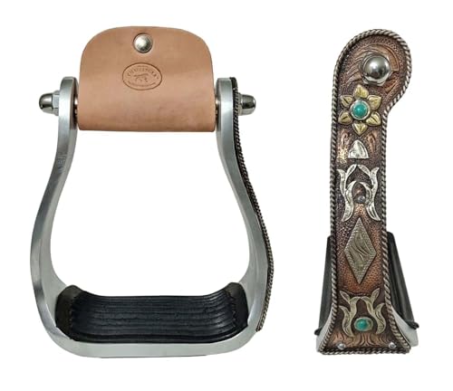 CHALLENGER Western Copper Engraved Floral Turquoise Rhinestone Barrel Racing Aluminum Stirrups 51251