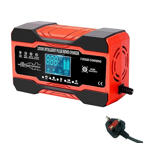12V 10Amp Car Battery Charger, 7-Stage Smart Automatic Battery Charger, Trickle Charger and Maintainer with Temperature Compensation, for Most Types of Lead Acid Batteries,AC Connection Required,Red