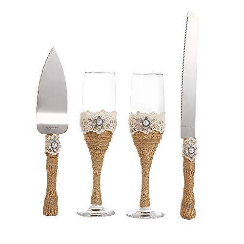 TRUE LOVE GIFT Rustic Wedding Cake Knife and Server Set Cake Cutting Set for Wedding Rustic Toasting Flutes 4 Piece - 1 Cake Knife 1 Pie Server and 2 Toasting Champagne Wedding Anniversary