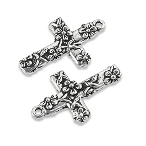 Silver Floral Cross Charm, Tierracast Pewter Pendant (2 Pieces) #TOP1