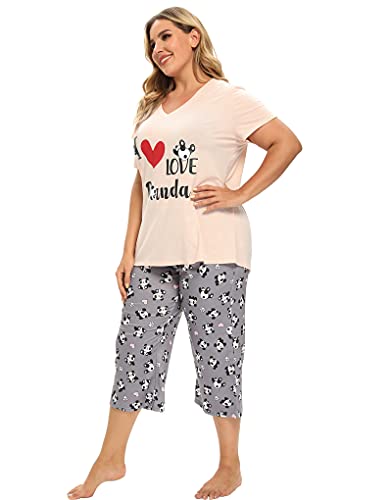 Image of Vozanet Women's Pajamas Set Soft V Neck Sleepwear Top and Capri Pj Lounge Sets Cartoon Heart Shape Cat Nighty Plus Size