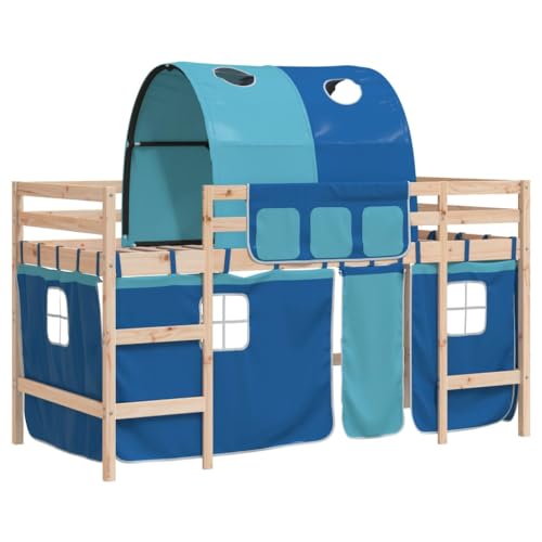 mtlskopl Lit mezzanine, en pin massif, 90 x 190 cm, avec tunnel, rideau, bleu, lit de jeu, pour enfants à partir de 6 ans, jusqu'à 80 kg, espace de rangement...