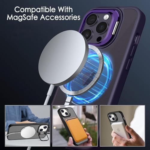 Image of TheGiftKart Hybrid Matte Frosted Back Cover Case for iPhone 14 Pro MAX Compatible with MagSafe | Built-in Stand | Shockproof Hard Back Case Cover for iPhone 14 Pro MAX (PC & TPU, Translucent Purple)