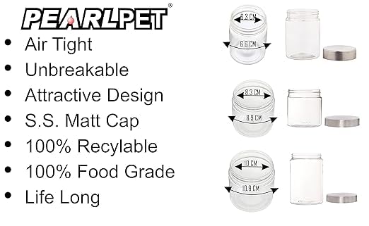 Image of PEARLPET Plus Range Plastic Storage Jars & Containers For Kitchen |Stackable |Air Tight| Steel Cap Jar, Food Grade | Bpa-Free |3 pieces of 300 Ml