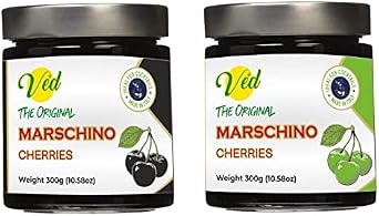 Ved Gourmet Original Black & Green Maraschino Cherries - Italian Cherry for Old-Fashioned Cocktails - Vegan Cocktail, Bourbon Cherries in Natural Syrup for Cocktail Garnish