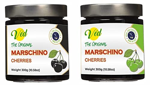 Ved Gourmet Original Black & Green Marraschino Cherries - Cereza italiana para cócteles a la antigua - Cóctel vegano, cerezas Bourbon en almíbar natural para cobertura de cóctel