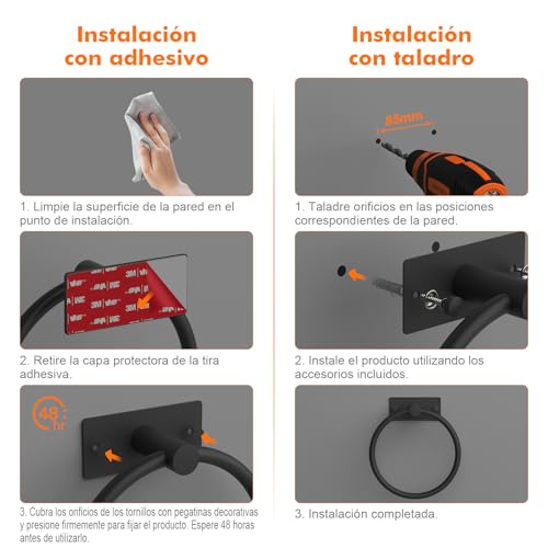 Miniatura 7 de Ibergrif M34455b Toalleros Adhesivo, Dos Métodos De Instalación Adhesivo Y Perforación , Toallero De Anilla Baño Sin Taladro, Acero Inoxidable, Negro