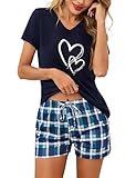 Marvmys Women Pyjamas Set Cotton Short Pjs Set Ladies Summer Nightwear V-Neck Top & Checked Drawstring Bottoms with Pockets