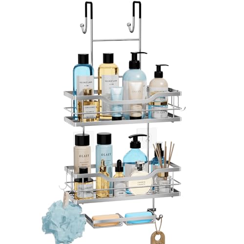 Consumest 3-Tier Hanging Shower Caddy Over the Door, Large Capacity Hanging Shower Organizer With 2 Soap Holder & 8 Hooks Rustproof Easy Installation Over Door Shower Shelf for Bathroom, Silver