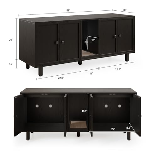 Image of ONBRILL 59 Inches Cat Litter Box Enclosure for 2 Cats, Hidden Litter Boxes Furniture with Cat Scratch Pad, Large Indoor Pet House with Double Room, Wooden TV Stand Side Table, Black