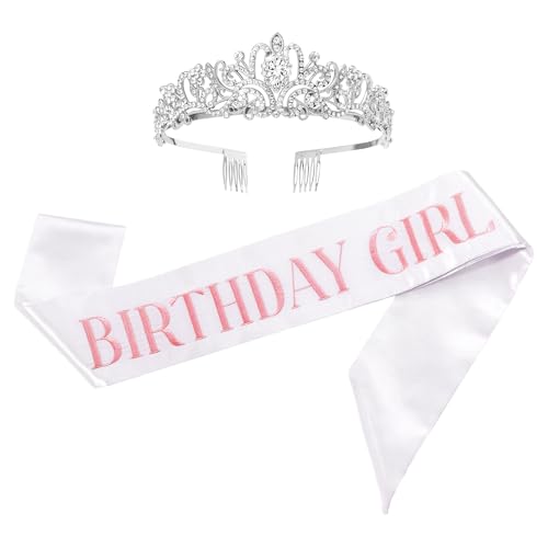 Party to Be Birthday Girl Sash and Tiara Set – Embroidered Satin Sash and Silver Rhinestone Tiara – Birthday Party Accessories and Gifts for Women & Girls