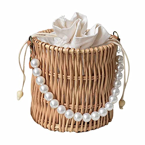 Washranp Damen Tasche Bambus Gewebt Stroh Blumenkorb Gewebte Tasche Mit Faux Perle Griff Rattan Weiblich Concise Damen Handtasche Kollokation Zubehör Holz Cover