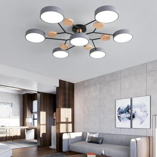 Plafonnier LED moderne bois et fer vert avec 4 lampes pour salon
