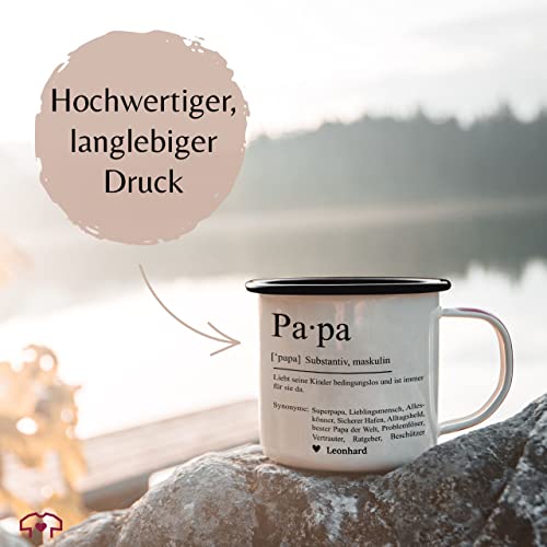 Emaille Tasse Blechtasse - zum Vatertag - Papa Definition Substantiv Geschenkidee Geburtstag Papi Geschenk Weihnachten Danke sagen - 300 ml - Weiß Schwarz - geschenke personalisierte