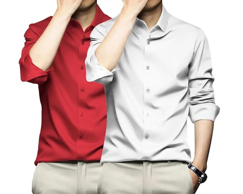 Image of DEELMO Combo of Men's Stylish Solid Satin Casual Shirt for Men Full Sleeves| Poly Satin Silk Shirt Pack of 2