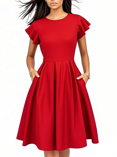 Image of oxiuly Women's Flounce Sleeve Wedding Church Vintage Dresses Casual Floral Party Cocktail Work Dress with Pockets Fei376