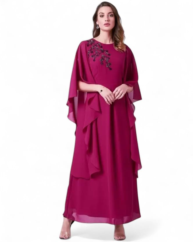 Elegant Handwork Embroidered Gown - Flowy Cape Sleeves - Women’s Formal Maxi Dress-image-26