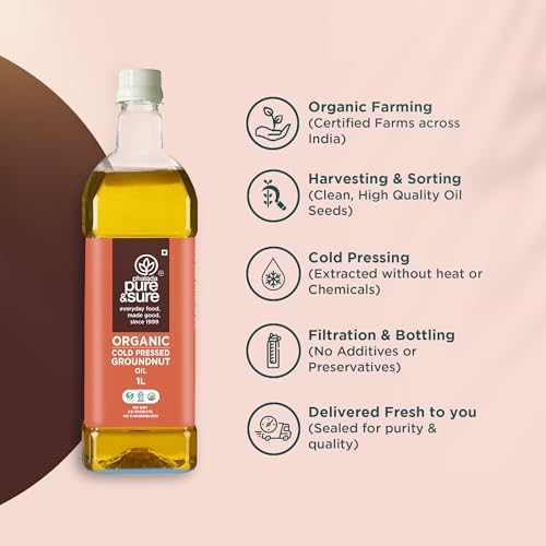 Image of Pure & Sure Organic Cold Pressed Groundnut Oil 1 Ltr | Peanut Oil /Sing Tel Edible for Cooking | Extracted on Wooden Churner | Nutrient Rich & Chemical Free