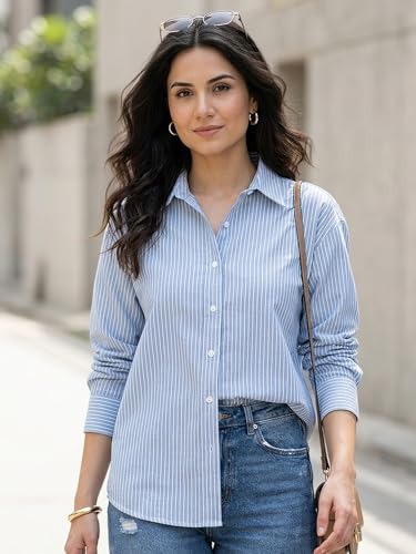 Image of Urbano Fashion Women's Cotton Full Sleeve Oversized Fit Casual Striped Shirt with Spread Collar