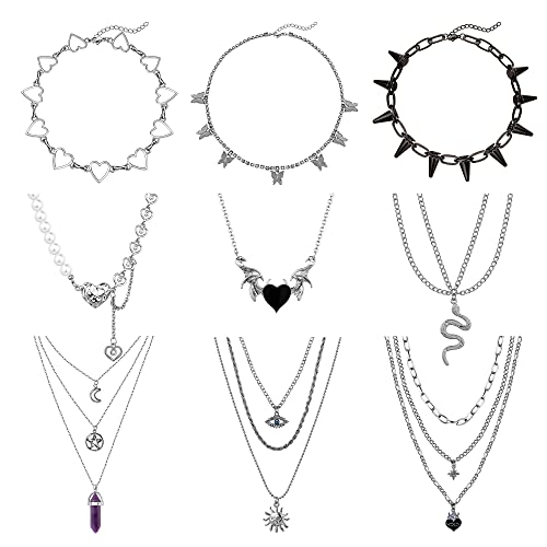 Sanfenly 9Pcs Punk Necklace Set For Women Men Egirl Eboy Cool Goth Punk Vintage Moon Pentagram Pendant Layered Necklace Spike Butterfly Choker Snake Heart Wing Chain Necklace Y2K Emo Grunge Jewelry #TOP25