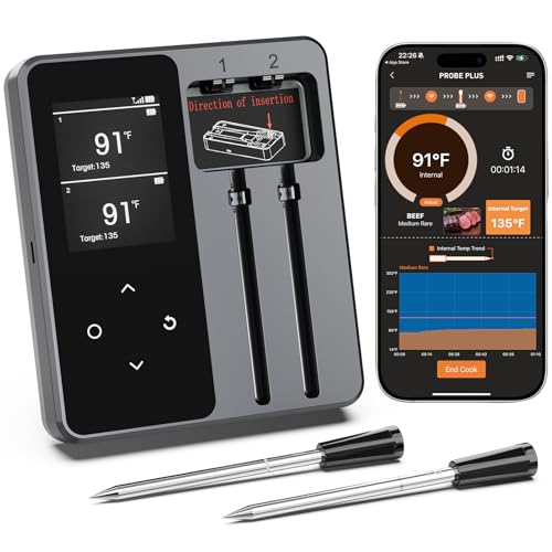 Wireless Meat Thermometer Digital Smart Bluetooth Meat Thermometer with 2 Meat Probes 656FT Food Thermometer for Cooking with Smart LCD Display for Turkey Beef Steak Chicken Rotisserie BBQ Oven Smoker