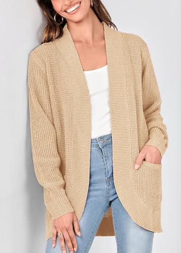 Image of KIRUNDO Cardigan Sweaters for Women 2024 Fall Open Front Long Sleeve Loose Lightweight Knit Sweater Coat with Pockets(Apricot, Large)