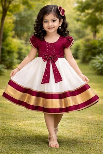 Image of Baby Girls Cotton Silk Midi /Knee Length Festive /Party /Wedding Pattu Dress