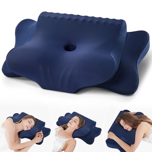 Cervical Pillow for Neck Pain Relief - Cooling Ergonomic Dual-Sided Orthopedic Neck Pillow with Ice Silk Pillowcase, Breathable Memory Foam Contour Pillow for Side, Back, Stomach Sleepers