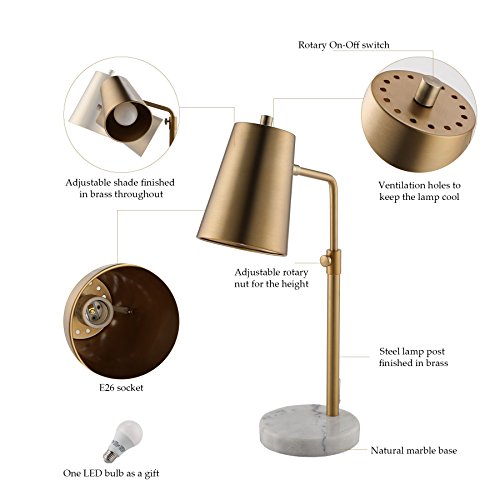 Vonluce Gold Desk Lamp With Led Bulb Adjustable, Antique Brass Metal Table Lamp Marble Base, Mid Century Modern Reading Lamp Office, 20" Industrial Task Lamp Work Lamp For Reading Bedroom #TOP3