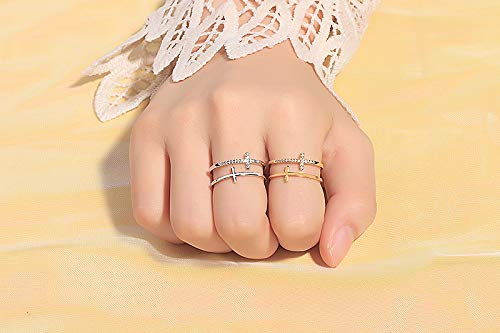 Flzaitian Simple Fashion Double Layer Cross Open Ring,Crystal Cross Finger Rings For Couple Women Girl (Silver) #TOP2