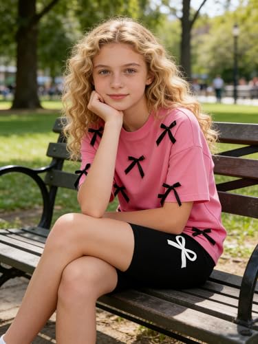 Image of Kids Girl Clothes Heart Print Short Sleeve Top and Shorts Cute Girl Summer Outfits Short Set