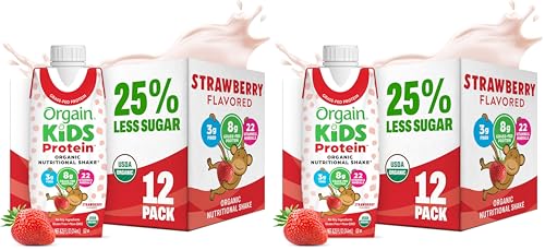 Image of Orgain Organic Kids Nutritional Protein Shake, Strawberry, Healthy Kids Snacks, 8g Dairy Protein, 3g of Fiber, 22 Vitamins & Minerals, No Soy ingredients, Gluten Free, Non-GMO, 8.25 Fl Oz (Pack of 24)