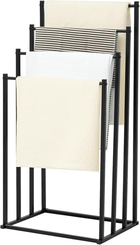 Porte Serviette Salle de Bain sur Pied 4 Niveaux – Sèche Serviette sur Pied Noir – Support Serviettes Gain de Place, Séchage Rapide, Stable & sans Perçage - Entreprise Française - LPVS