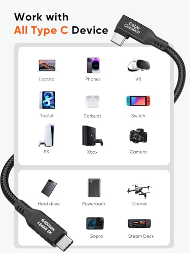 Image of Angle USB 4 Cable,USB C to C for SSD,MacBook Pro, iPhone17,Dock,Auto 1.0ft | for Thunderbolt 5 4, 40Gbps Data Sync, 8K /5K@60Hz Video Stream, 240W PD 3.1 Fast Charging, 90 Degree,Anti Tear Braided
